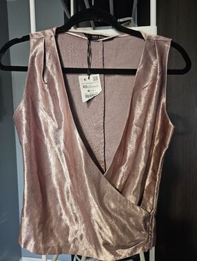 Zara Basic Metallic Rose Pink Sleeveless Top